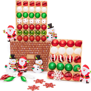 Deluxe 80 Piece Set of Shatterproof Ornaments, Full Tree Ornament Set, Christmas Balls and Decorations (White Green Red)