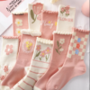 Sweet Pink Flowers Print Middle Tube Socks for Women Girl JK Korean Soft Cotton Floral Socks Casual Harajuku Sports Sock Sokken