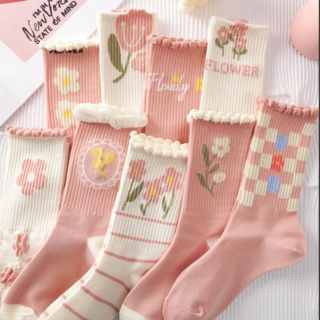 Sweet Pink Flowers Print Middle Tube Socks for Women Girl JK Korean Soft Cotton Floral Socks Casual Harajuku Sports Sock Sokken