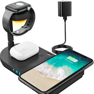 Portable 4 in 1 Charging Station for Apple Products, Wireless Fast Charger Stand with Bedside Lamp Compatible for Iphone 15/14/13/12/11 Series, Airpods Pro 3/2, Iwatch 9/8/7/SE/6/5/4/3/2 (Black)