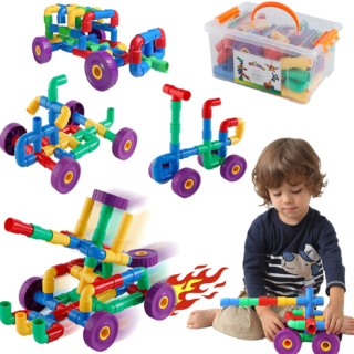 STEM Learning Toy Tubular Pipes & Spouts & Joints 96 Piece Build Bicycle, Tank, Scootie, Moter Skills Endless Designs Educational Building Blocks Set for Kid Ages 3+ Multicolor