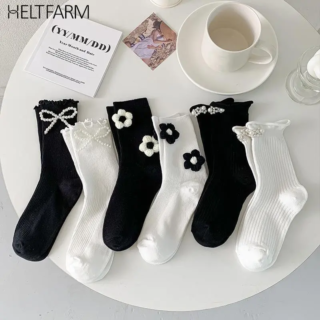 Women Cotton Socks Ruffles Pearl Bow Mid Tube Sock JK Lolita Socks Retro Preppy Style Socks Spring Summer Socks