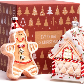 Glass Blown Ornaments Cute Hand Made Figurines Tree Decoration, Set of 2 Gingerbread Man with Gingerbread House Classic