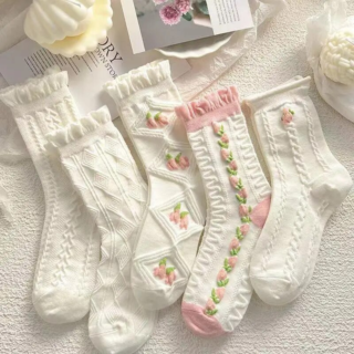 5 Pairs Lolita Japanese Woman Cute White Short Socks Set Girl Spring Summer Sweet Ruffle Lovely Cotton Socks for Women