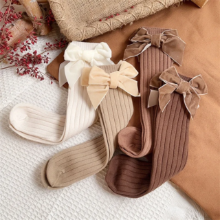 1-8Y Kids Girls Knee High Socks Toddler Cute Ribbed Knit Stockings with Velvet Bow for Infants Baby Princess Sock