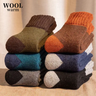 5Pairs/ New Winter Thick Wool Socks Men'S Color Matching High Quality Terry to Keep Warm Winter Retro Fashion Socks Size 38-45